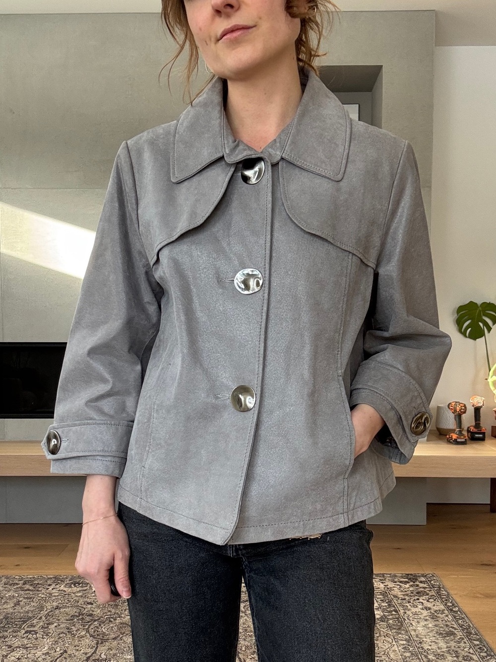 Danier Grey leather Button-Front Jacket small to medium